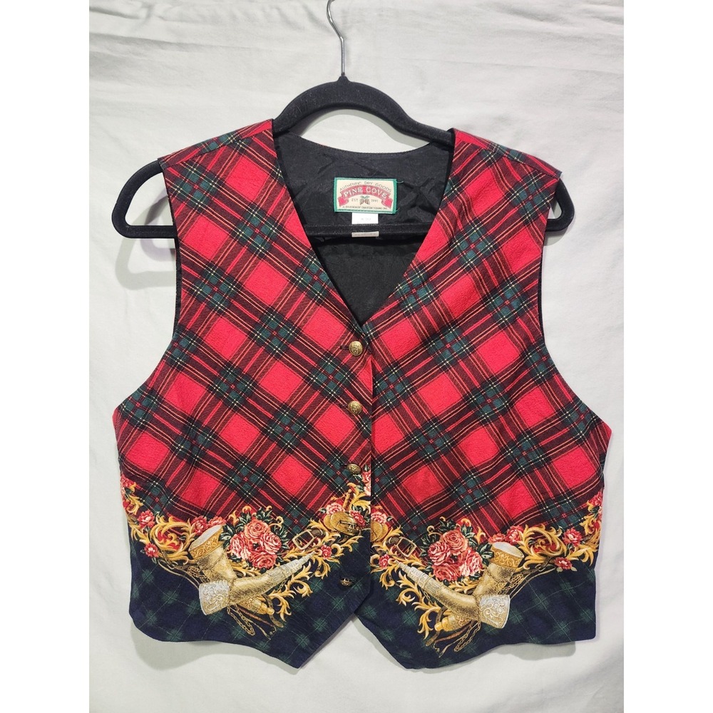 Pine Cove Tartan‎ Plaid Equestrian Vest Women Size 14 Red Green Vintage USA